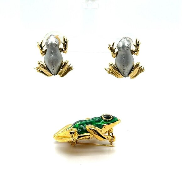 2 VTG Jewelry Frog Pieces - JJ Jonette & Ai Gold Tone & Enamel! Pin Earrings 122 - Picture 4 of 12